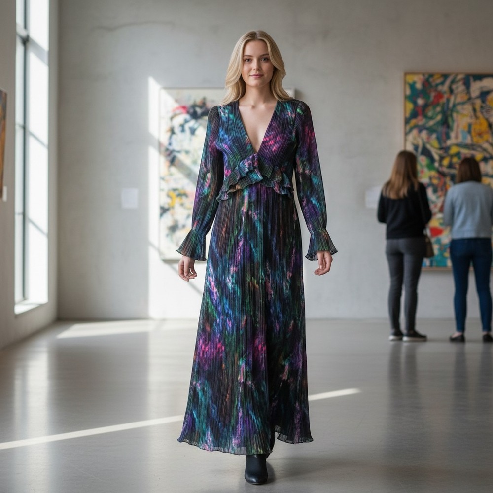 Multicolor Pleated Maxi Dress V-Neck Ruffle Empire Waist Long Sleeve S/M 3360